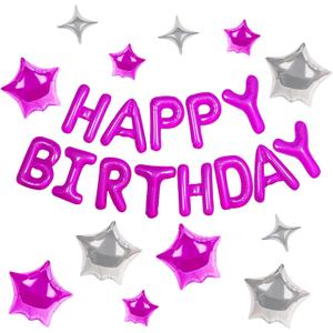 CANREVEL Happy Birthday Banner 13pcs 16 Inch Mylar Foil Letters with 12pcs Star Balloons Birthday Party Decorations for Kids and Adults - 3D Hot Pink