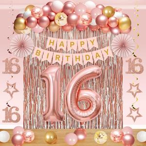 Kuxriox 60Pcs 16th Birthday Decorations Kit for Girls Women, Pink Rose Gold Happy 16th Birthday Banner, Happy Sixteen Bday Foil Fringe Curtains Balloon Arch Hanging Swirl Party Supplies