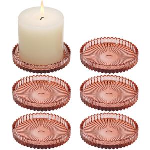 Glass Pillar Candle Holder, 4" Candle Plates Set of 6, Glass Candle Holders for Wedding, Party, Holiday, Home Decor, Table Centerpiece (Reddishbrown)