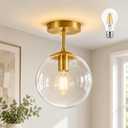 8 Inch Gold Semi Flush Mount Ceiling Light Fixture Clear Glass Globe Ceiling Light Fixture Modern Hallway Light Fixtures Mid Century Ceiling Light Brass Finish for Entryway Bedroom (Bulb Incl.), D8" * H14"