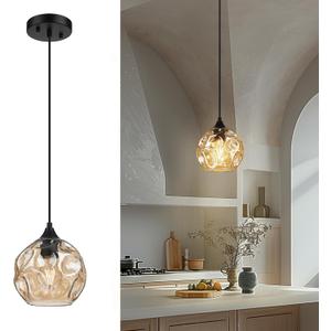 Emliviar 7 Inch Adjustable Mini Chandelier, Round Ceiling Pendant Lighting Fixture with Hammered Glass, Amber Finish, DYE287G2-MIL BK