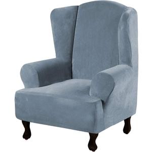 H.VERSAILTEX Wingback Chair Covers Velvet Plush Wing Chair Slipcover 1 Piece High Stretch Wing Back Chair Slipcovers Sofa Cover Furniture Cover with Elastic Bottom, Stone Blue
