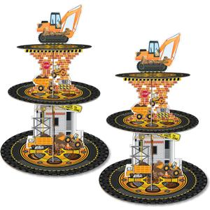 2 Pack Construction Cupcake Stand Birthday Party Supplies, Construction Cup Cake Tower Stand Truck 3 Tier Cardboard Cupcake Stand Display Dessert Holder for Boys Baby Shower Party Decorations Favors