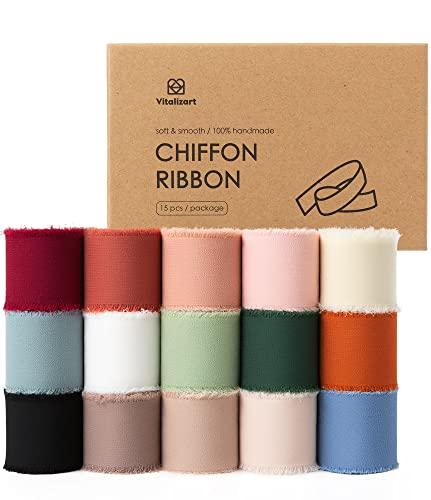 Vitalizart Chiffon Silk Ribbon 1 1/2 Inch x 75 Yd Handmade Frayed Edge Assorted Ribbons for Gift Wrapping Bridal Bouquets Baby Shower Wedding Invitations
