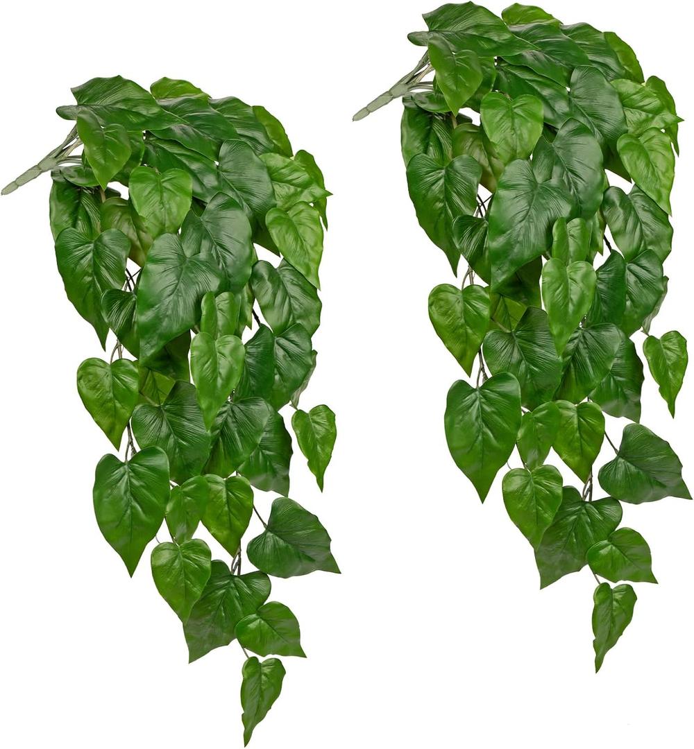 2 Packs UV Resistant Artificial Hanging Plants Outdoors & Indoors, 33" Large Fake Pothos Plants Faux Monstera Hanging Greenery for Planter, Shelf, Wall, Window Box, Porch, Patio, Garden, Balcony Decor