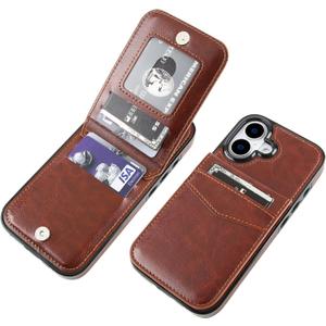 KIHUWEY Compatible with iPhone 17 Case Wallet with Credit Card Holder, Flip Premium Leather Magnetic Clasp Kickstand Heavy Duty Protective Cover for iPhone 17 6.3 Inch (Brown)