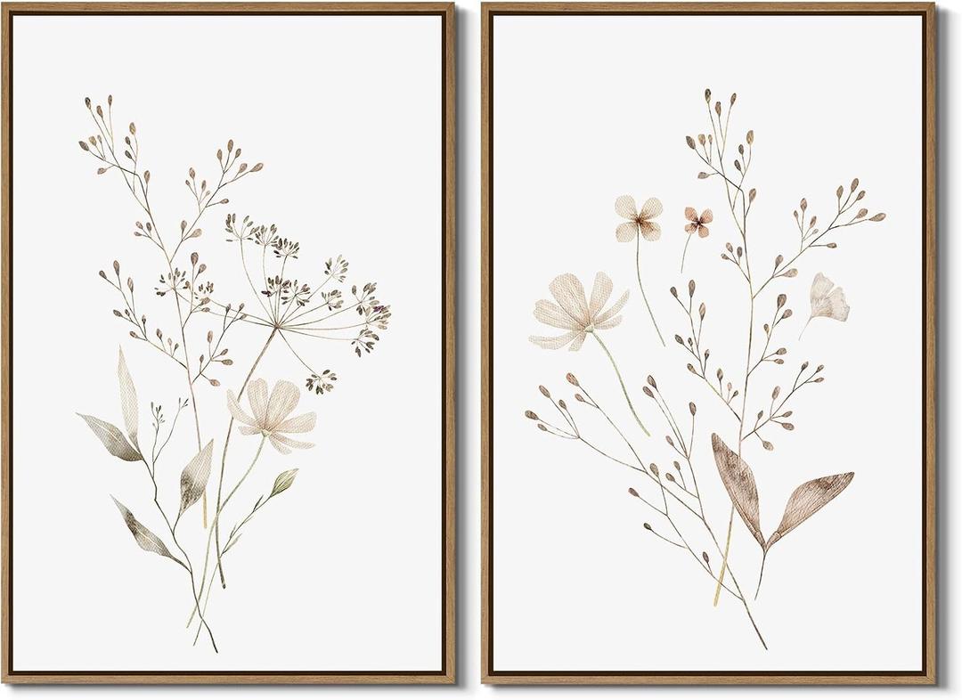 Boho Wall Art Set of 2 Watercolor Botanical Floral Picture Blossomy Wildflower Canvas Art Prints Minimalist Flower Wall Decor for Living Room Bedroom Bathroom Home Office Decoration, 16x24 Inch Framed