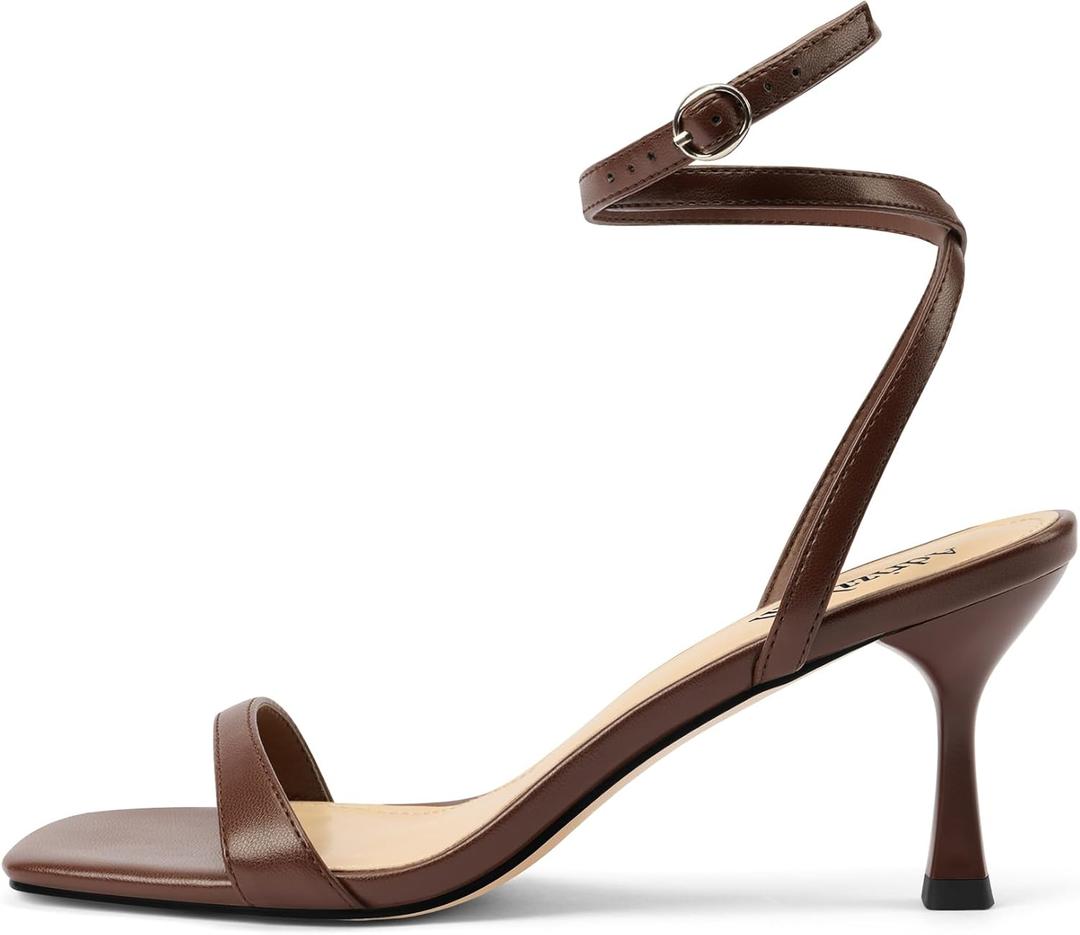 Adrizzlein Kitten Heels for Women Strappy Heels Square Open Toe Lace up Heeled Sandals Ankle Wrap Strap Pumps Dress Shoes Wedding (8.5, Brown)