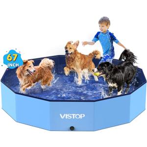 VISTOP Extra Large Foldable Dog Pool XXL, Hard Plastic Shell Portable Swimming Pool for Dogs Cats and Kids Pet Puppy Bathing Tub Collapsible Kiddie Pool (67inch.D x 11.8inch.H, Blue)