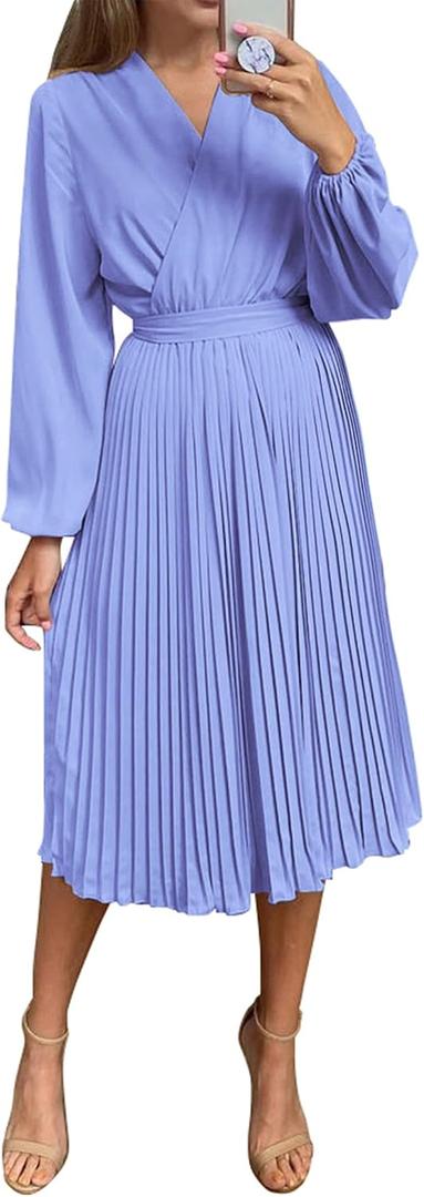 PRETTYGARDEN Women's Spring Midi Dress Long Puff Sleeve Wrap V Neck Flowy Ruffle Pleated Casual Fall Dresses, Blue, Medium 