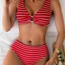 SOLY HUX Women's Striped Bathing Suit V Neck High Waisted Bikini Sets Two Piece Swimsuit (Red, XL)