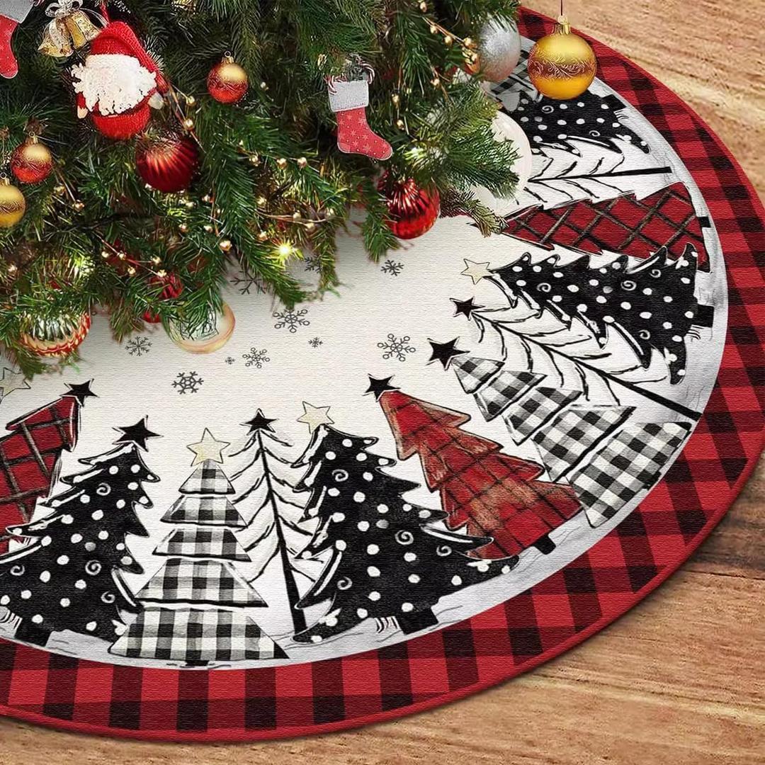 Christmas Tree Skirt Red Black Buffalo Plaid Christmas Tree Skirts Rustic Thick Xmas with Snowflake Winter New Year for Home Christmas Winter Holiday Tree Mat Decoration (Black Christmas Tree 48in)
