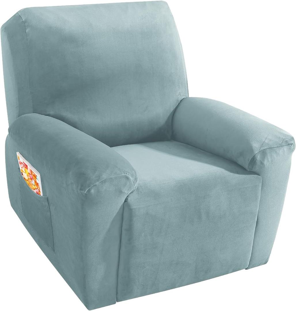 MAXIJIN Velvet 4 Piece Recliner Cover Stretch Plush Soft Recliner Chair Covers Thick Soft Reclining Chair Slipcovers Furniture Protector with Side Pocket for Kids, Pets (Dusty Blue)