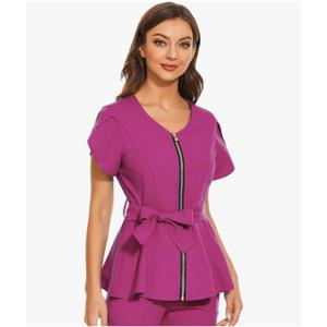 VIAOLI Scrub Tops for Women Shirt Nurse Uniform Workwear Fashionable with Zipper and Waistband Scrub Shirt Medical Clothes S