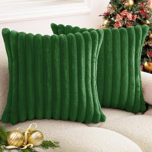 Christmas Dark Green Faux Fur Plush Throw Pillow Covers 18x18 Set of 2 Fuzzy Striped Soft Cozy Pillowcase Luxury Decorative Pillows Square Fluffy Cushion Covers for Couch Sofa Bed