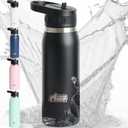GORILLA GRIP Insulated Stainless Steel Water Bottle with Straw, Leak Proof BPA-Free Reusable Travel Bottles for Sports, School, Keep Drinks Cold, Dent Resistant Tumbler, Dishwasher Safe, 24 oz, Black