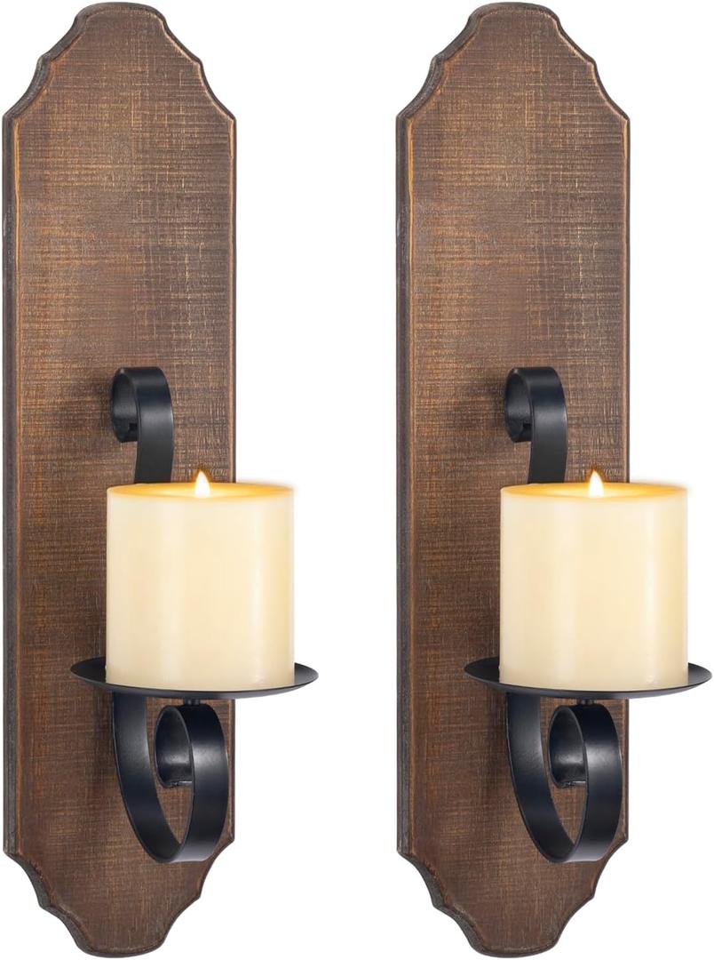 ZOOYOO Black Metal and Wooden Wall Sconce Candle Holders, Elegant Swirling Iron Wall Candle Sconce Holders, Black Hanging Wall Sconce Candle Holders, Set of 2