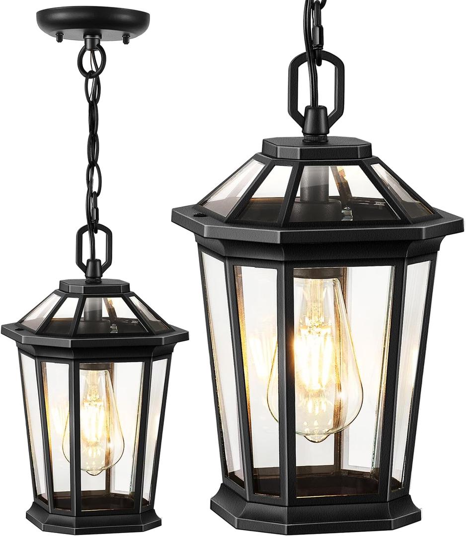VIANIS Outdoor Pendant Lights, Modern Hanging Outside Lantern, Aluminum Porch Light Ceiling, Black Outdoor Chandelier for Porch with Clear Glass for House Doorway (7" Standard Size)