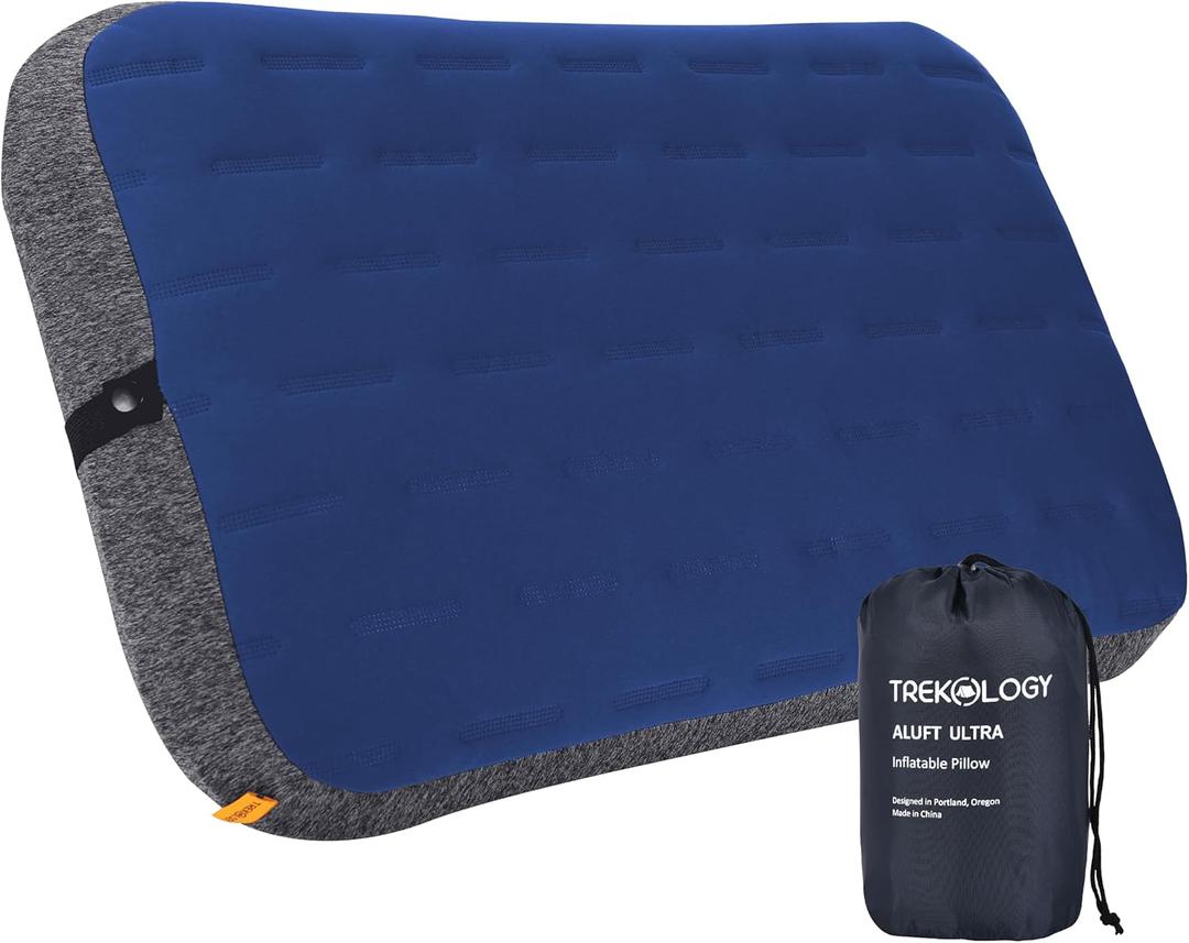 TREKOLOGY Camping Pillow - Large Inflatable (24"x15") for Home-Like Comfort, Portable & Ergonomic, Easy to Clean, Durable & Leak-Proof, Removable Strap for Secure Fit  ALUFT Ultra (Blue)