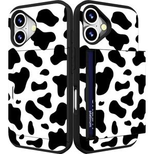 Compatible for iPhone 16 Plus Case Cute with Card Holder Shockproof Slim Slot Phone Wallet Cover for Women/Black White Cow Pattern Spots Pattern Animal Theme