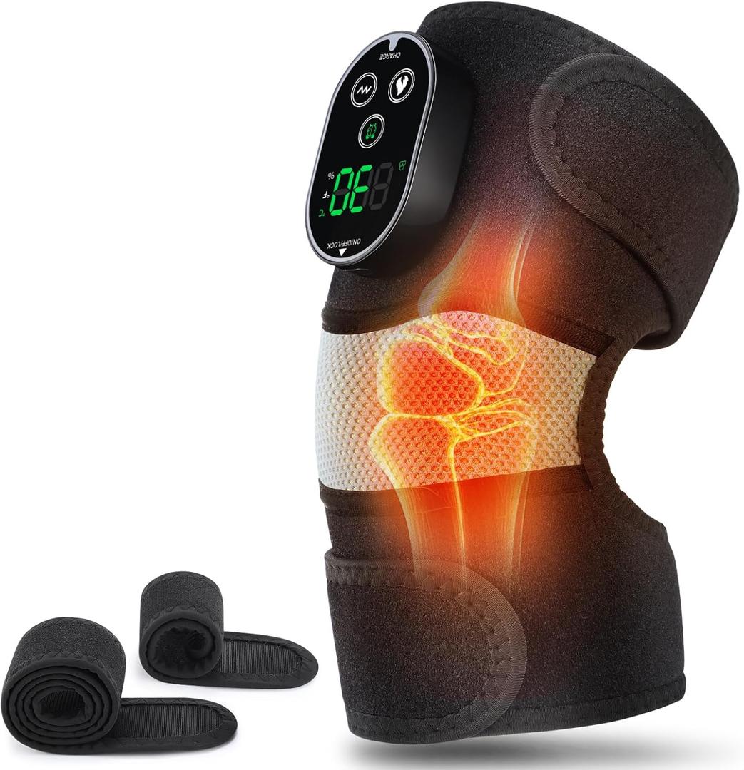 Cordless Heated Knee Massager with Vibration, Heated Knee Brace Wrap, Heating Knee Pad for Knee Elbow, Knee Heating Pad for Arthritis with 6 Heating Levels, 3 Massage Modes&Timer (Black+White)