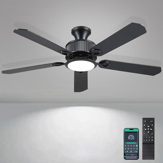 52" Ceiling Fans with Lights-Low Profile Ceiling Fan with Light and APP&Remote Control,Flush Mount Ceiling Fan for Indoor/Outdoor,3 Colors Dimmable,5 Reversible Double-Sided Blades