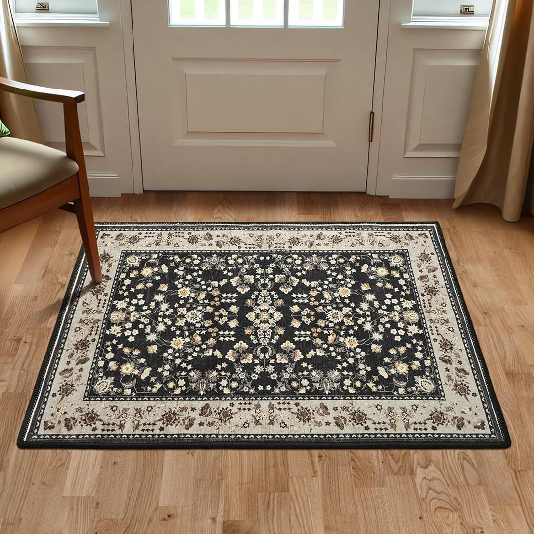 Softlife 2x3 Small Floral Rugs for Entryway Machine Washable Area Rugs Vintage Throw Rug for Bedroom Non-Slip Accent Rug Entrance Door Mat Thin Carpet for Kitchen, Black and Camel (2x3 Feet)