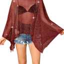 Womens Sparkly Sheer Poncho Top Glitter Mesh See Through Poncho Shawl Batwing Sleeve Asymmetrical Cape Tops Party Club Outfit (One Size, Wine Red(no Bra))