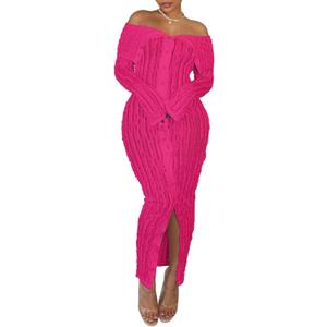 Womens Sexy Off Shoulder Maxi Dress Pleated See Through Flare Sleeve Button Down Slit Bodycon Long Dresses (XX-Large, Rose Red)