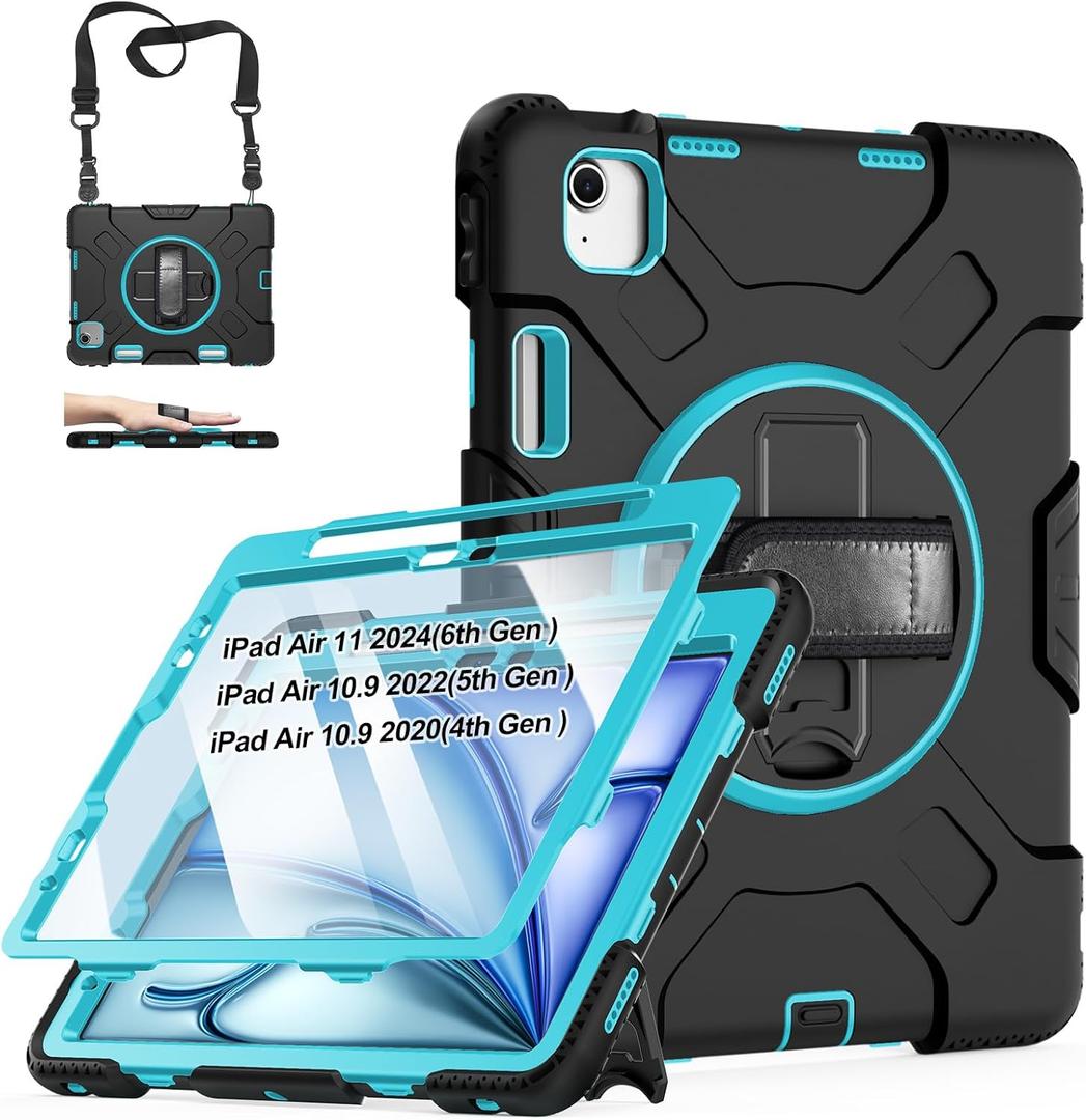 Case for iPad Air 11 M4 2026/ M3 2025/ M2 2024: Silicone Cover for iPad Air 5th & 4th Generation 10.9 Inch (2020/2022) with Screen Protector- Stand- Handle- Shoulder Strap- Pencil Holder (Black+Mint Green)