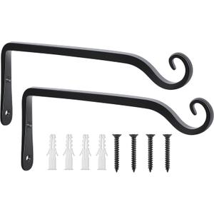 FEED GARDEN Wall Hooks for Hanging Plants 10 Inch - 2 Pack Heavy Duty Metal Plant Brackets, Holds 48 lbs, Rust Resistant Black L-Shape Hooks for Indoor Outdoor Decor
