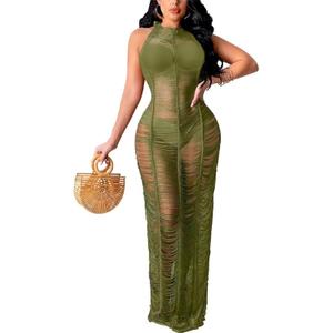 Women Sexy Crochet Swimsuit Cover Up Halter V Neck Backless See Through Long Maxi Dress Summer Beach Bikini Cover Ups (Small)