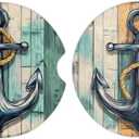 Wood Board Nautical Anchor Car Coasters for Cup Holders Absorbent Ceramic Coaster 2 Pack Non Slip Cork Base Cup Mats with Finger Notch Car Accessories 2.56 in