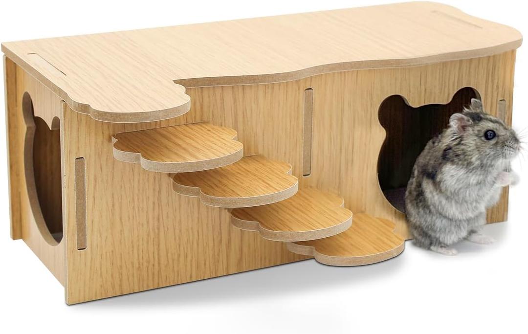 Wooden Hamster Hideout, Luxury Small Animal Hamster House with 2 Rooms and Funny Climbing Ladder Hamster Exercise Toys for Dwarf Hamster, Rat, Gerbil, Mouse (Yellow, Bear)