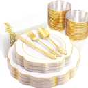 NOCCUR 175PCS Gold Plastic Plates with Disposable Silverware - White Gold Plastic Tableware Includes 25 Dinner /25 Dessert Plates, 75 Cutlery, 25 Cups, 25 Napkins - Ideal for Party/Wedding