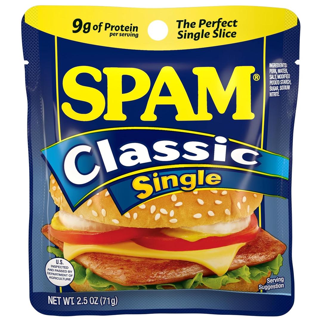 SPAM Classic Single, 9 Grams of Protein Per Serving, 2.5 oz Single Pouches, (12 Pack), BB Date: 12/2028