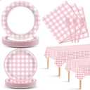 98 Pieces Pink checkered Party Supplies for 24 Guests Pink and White Checkered Tableware Set Plaid Plates Napkins Tablecloth Party Decorations for Birthday Barbecue Picnic Dinner Favors
