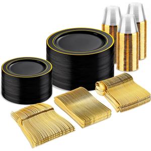 bUCLA 300PCS Black and Gold Disposable Dinnerware Set - 50 Guests Black Plastic Plates with Gold Rim Include 50 Dinner / 50 Dessert Plates, 50 Forks,50 Knives,50 Spoons&50 Cups for Party&Graduation
