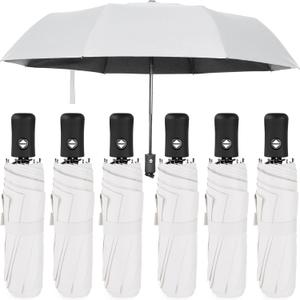 Jexine 6 Pcs Travel Compact Umbrella Automatic Open Close Windproof Small Light Backpack Purse Car Portable Collapsible Umbrella for Rain, Men Women (White)