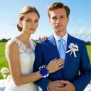 6Pcs Blue Corsage and Boutonniere Set, Artificial Rose Wrist Corsage Bracelets, Men Boutonniere for Wedding Ceremony Decorations Prom Homecoming Party Flower Accessories