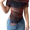 Women's Off The Shoulder Tie Dye Ombre Mesh T Shirt Short Sleeve Asymmetrical Ruched Crop Tops (Brown, S)