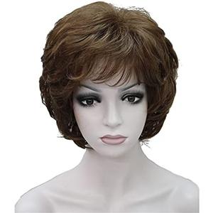 Wiginway Short Curly Wavy Synthetic Hairpiece Wigs with Bangs for Women Girls Medium Auburn