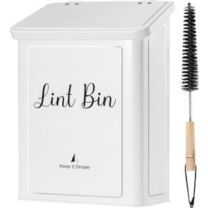 SUBEKYU Magnetic Lint Bin for Laundry Room, Wall Mounted Metal Lint Box Holder Trash Can with Lid for Dryer,Lint Basket for Laundry Room Organization,White