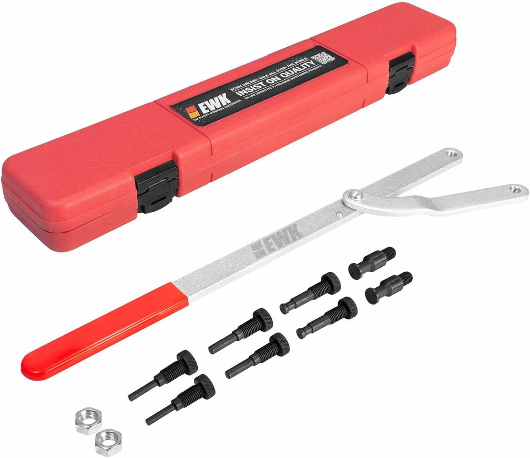 EWK Universal Camshaft Pulley Holder & Fan Clutch Removal Tool Set, Adjustable Sprocket Holding Wrench with 4 Pin Sizes for Timing Belt, Cam Gear & Pulley Service