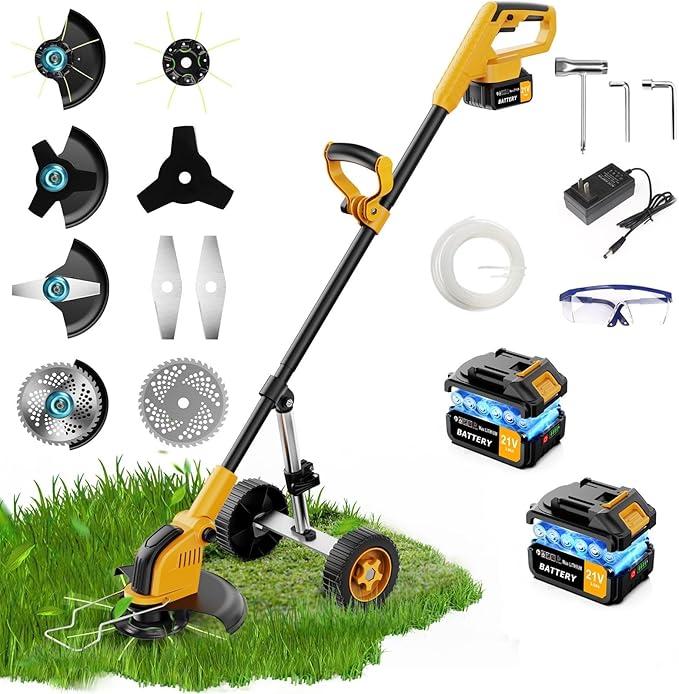 12-inch Electric Weed Wacker Cordless on Wheels, 21V 2 * 3000mAh Weed Eater Battery Powered, Cordless String Trimmer with Brushless Motor, Grass Trimmer and Brush Cutter with 4 Types of Blades for Lawn (Yellow)