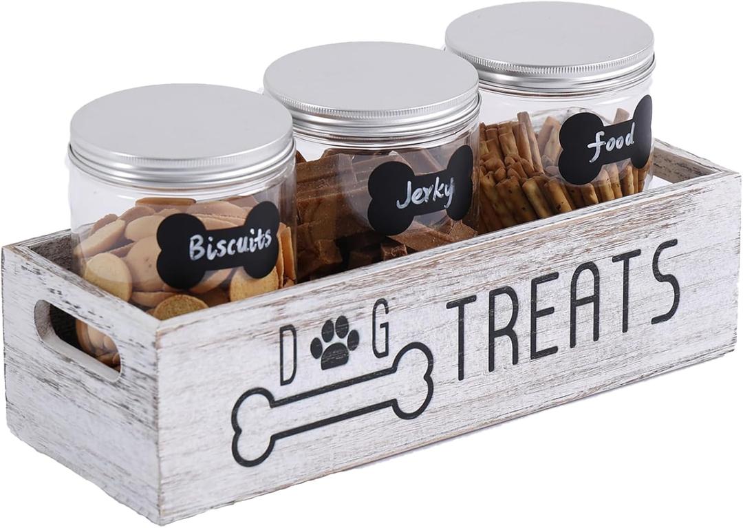 Dog Treat Container Cat Food Organizer Box with 3 Jars Personalized Pet Food Storage Containers Dog Treat Station Cat Treat Storage Farmhouse Decor Gift for Pet