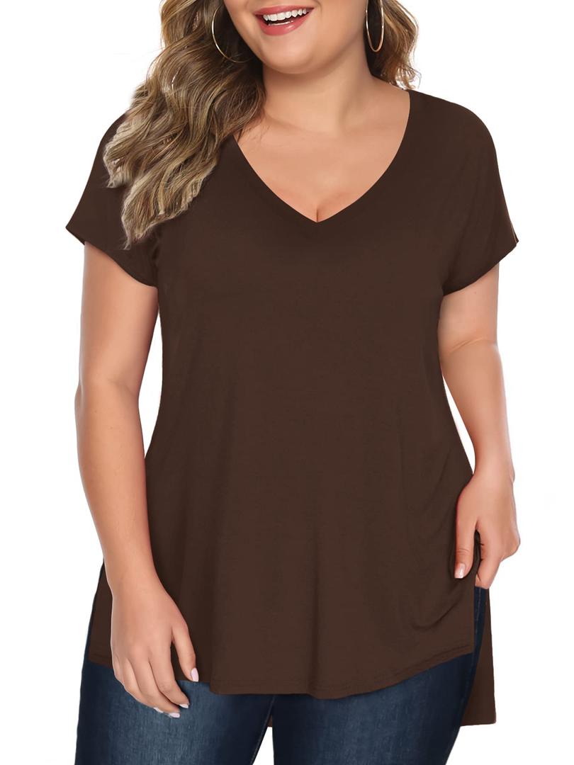 Florboom Tee Shirts Womens Short Sleeve Tops V Neck Plus Size Stretch Shirt Brown, 2XL
