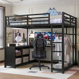 Bellemave Full Size Loft Bed with Desk & Wardrobe, All-in-One Metal Loft Beds Frame with Storage, Space Saving Loft Bed Full Size for Teen, Adult, Apartment, Dorm, Black