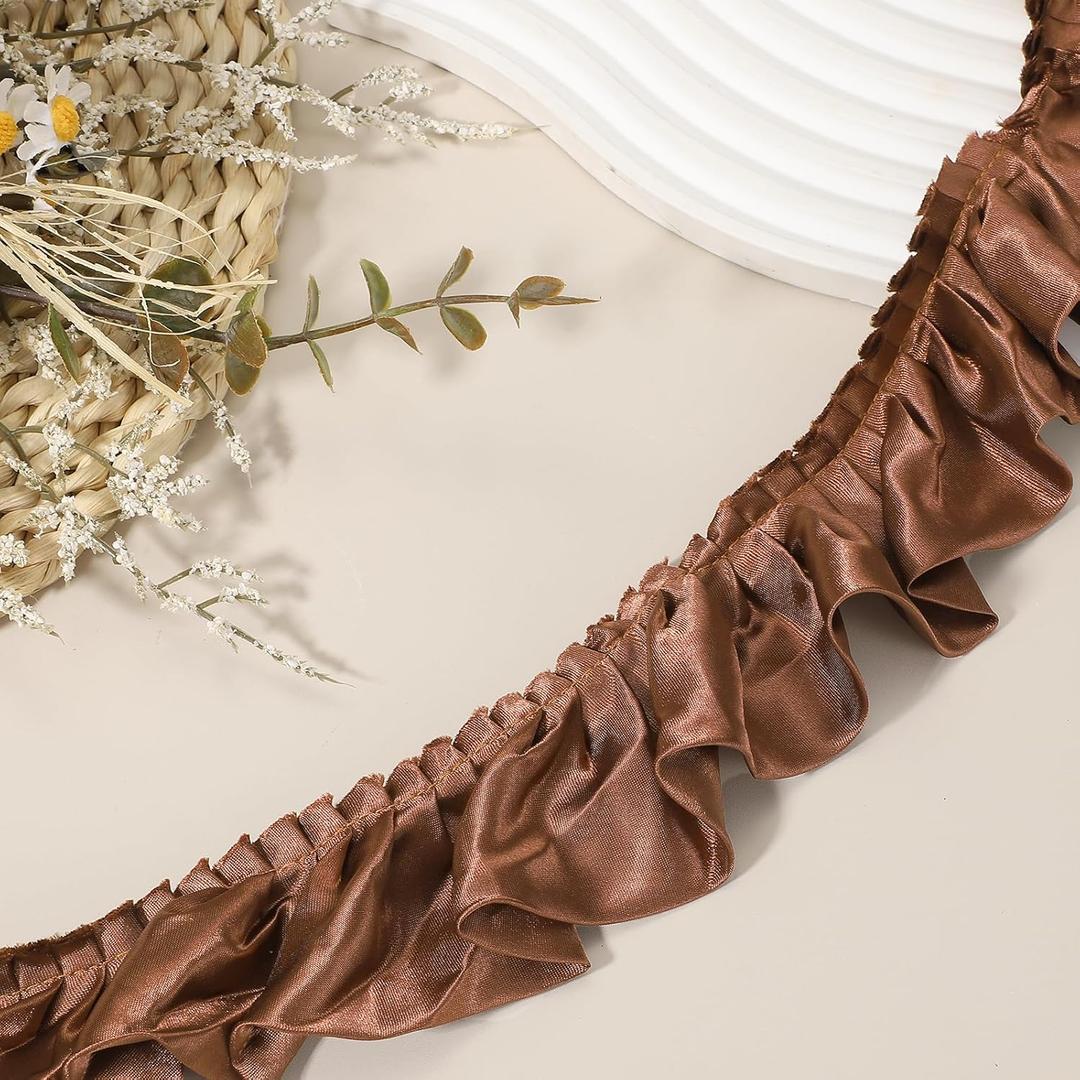 uxcell 5.5 Yards 3D Pleated Chiffon Lace Trim 2" Satin Ruffle Ribbon Pleated Sewing Fabric Trim for Headwear Dress Bag Wedding Dress Home Decoration, Coffee