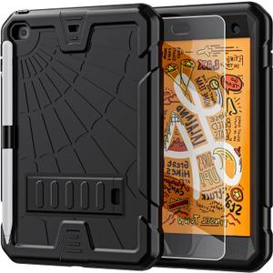 TSQQST iPad mini 4/5 Case with Glass Screen Protector for Kids | iPad mini 5th Generation Case with Pencil Holder Stand | Shockproof Rugged Protective Case for iPad mini 5/4 7.9 Inch | Black